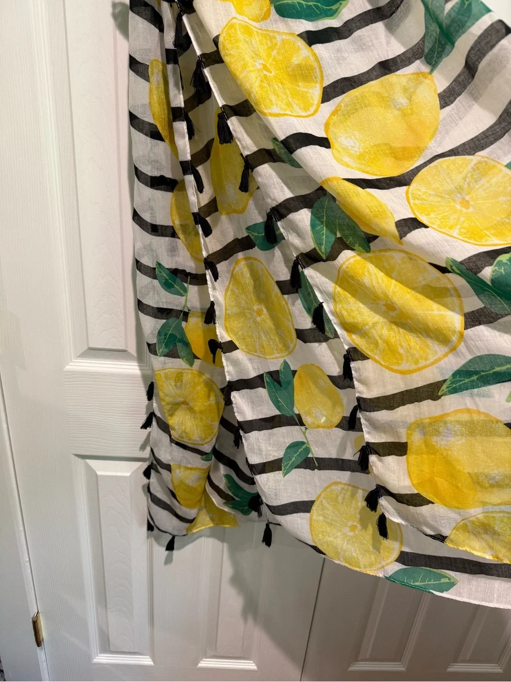 Shiraleah Lemon Print sheer scarf with trendy stripes and tassel trim